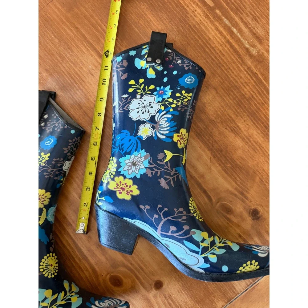 Western Floral Rubber Rain Boots Navy Blue Cowboy Style Block Heel Size 9
